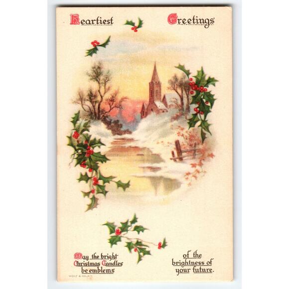 Vintage Christmas Postcard Snowy Church Scene with Holly Accents - Picture 1 of 2